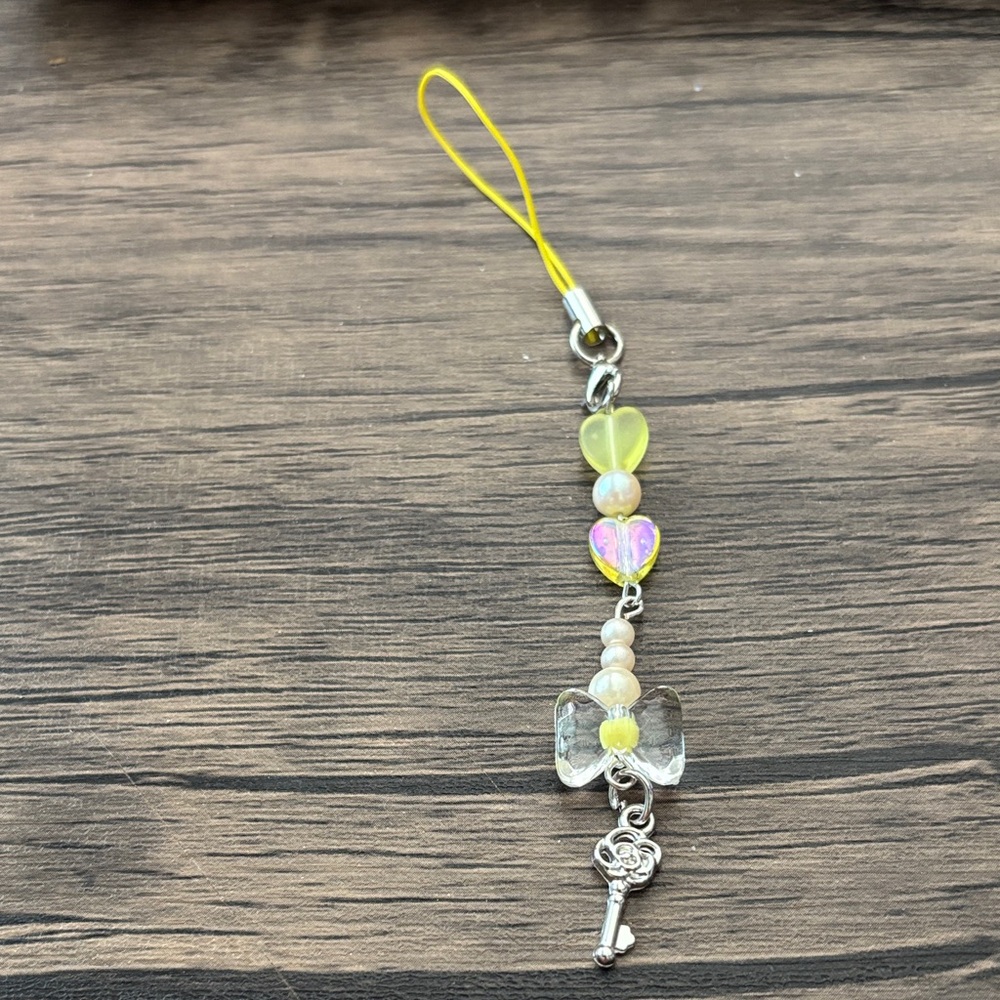 Yellow Beaded Phone Charm with Key Pendant